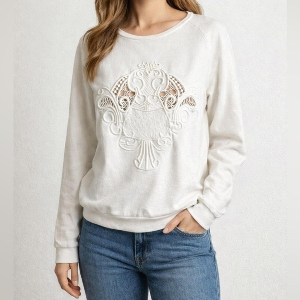 Lovers + Friends Baroque Embroidered White Pullover Top Size XS